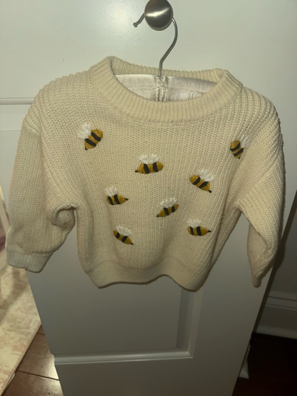 Cream Knit Sweater with Yellow Bee Embroidery